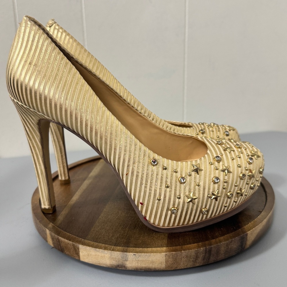 Gianni Bini Gold Striped Embellished Star Rhinestone Heels Womens Size 7.5M